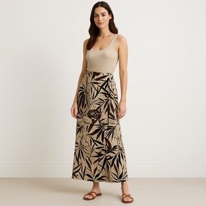 Marla Kim‎ Linen Cotton Wrap Maxi Skirt Brown Black Leaf Print Boho Size L